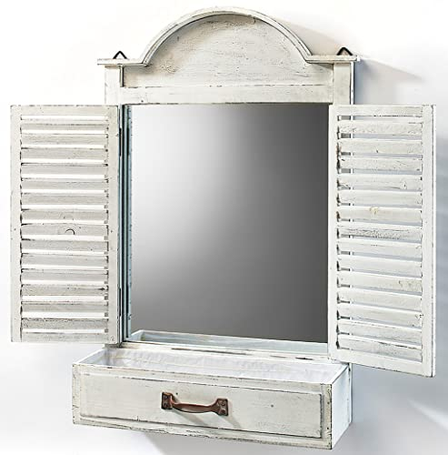 Kobolo Dekofenster Fensterrahmen Holz mit Spiegel und Pflanzschale -White Vintage- 69x13x62 cm