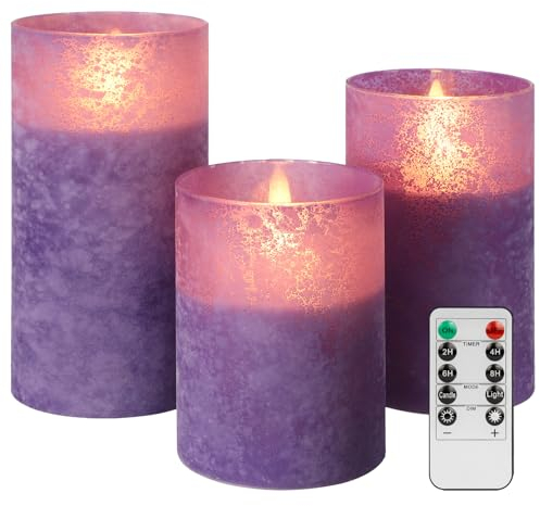 ANGELLOONG Glass Battery Operated Candles with Remote, Flameless Candles with Flickering Flame, Pillar LED Electric Timer Candle for Home Decor, Sandblast Purple