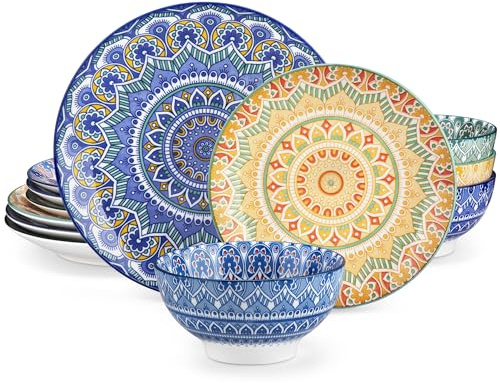 vancasso Mandala Geschirr-Set, Porzellan, 12-teilig, für 4 Personen, Boho-Teller und Schüsseln, buntes Geschirr-Set