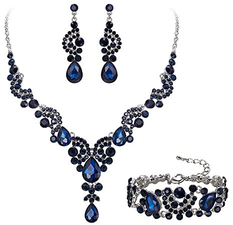 EVER FAITH Kristall Schmuckset Hochzeits Braut Art Deco Floral Teardrop Statement Halskette Ohrringe und Armband Set Dunkel-Blau Silber-Ton