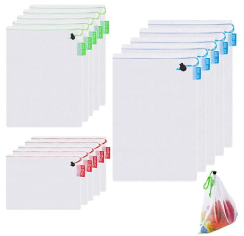 Niksultant 15 PCS Toy Storage Reusable Shopping Mesh Bags Washable Mesh Friendly See Through with Drawstring Reusable Mesh Produce Bags 3 Sizes Useful for Storage Fruits Toys Game Pieces Vegetable