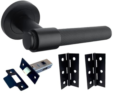 Betley Butterfly Knurled Door Handles Pack Matt Black Loop & Neck Lever on Round Rose Latch Handle Set for Internal Wooden Doors for Home and Office Luxe