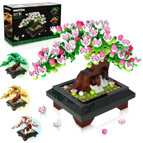 INSOON 4 in 1 Blumen Bonsaibaum Set, 612 Stück DIY Kirschblüten Blumen Bausatz, Botanische Serie Pflanzenbaum für Zuhause Dekor Büro Kunst, Kreatives Geschenk für Erwachsene Mädchen Jungen 6-12+