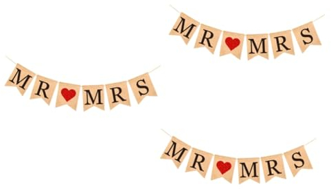 Ciieeo 3pcs Retro Burlap Mr Mrs Banner Wedding Decor Pull Flag Outdoor Party Decoration