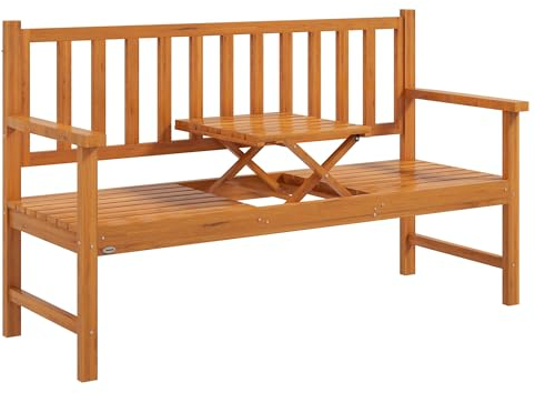 Outsunny Gartenbank 3-Sitzer, Sitzbank mit Tisch, Parkbank mit Armlehne, Holzbank bis 280 kg Belastbar, für Balkon, Terrasse, Hellbraun, 153 x 56 x 91 cm