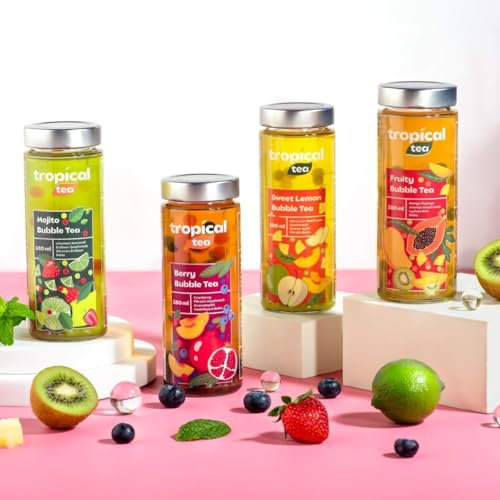 Bubble Tea Entdecker (4 Sorten) – Cranberry-Pfirsich, Fruchtig, Zitronen-Waldfrucht-Honigmelone, Mojito | Hochwertige Zutaten | Ideal für unterwegs | Trinkfertig von Tropicaltea®