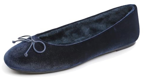 Feversole Women's Suede Macaroon Colorful Memory Foam Cushion Ballet Flat Navy Velvet Fur Lined Size 6.5