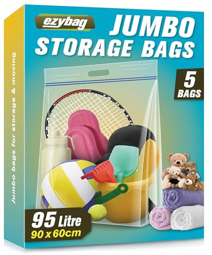 Ezybag 95 Litre Jumbo Storage Bags, Pack of 5 Resealable Clear Bags with Handle, Heavy Duty Storage Bags for Pillows Clothes Travel Moving