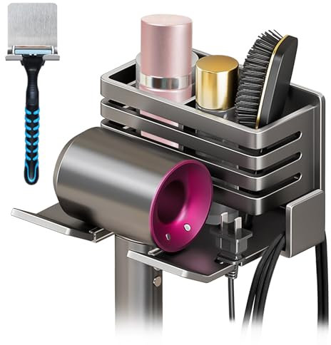 Hairdryer Holder Wall Mounted with Razor Holder, Self-adhesive Hair Dryer Stand Hair Tools Organiser with Storage Boxes, Hairdryer Holder Hair Accessories Storage for Dressing Table