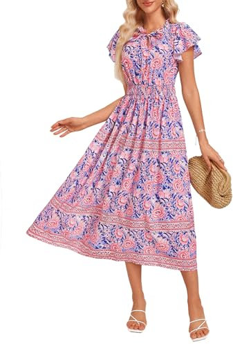 GRACE KARIN Women's Chiffon Formal Dress Casual Flutter Sleeve Party Long Dresses Floral Print High Waist Dress Pink Floral-Blue XXL