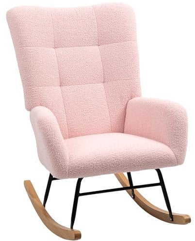 HOMCOM Rocking Chair, Teddy Upholstered Accent Chair, Modern Armchair with Wide Backrest and Rubberwood Base for Living Room, Bedroom, Light Pink