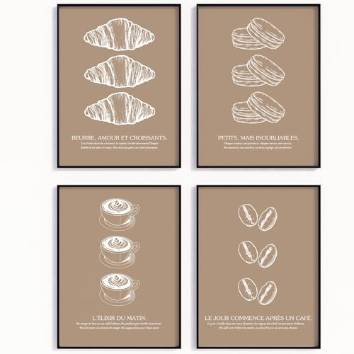 MJ-GRAPHICS® 4er Französisches Café Poster-Set Kaffee Set Küche Braun-Weiß Poster Croissant Macaron Kaffee Bohnen Paris Bistro Wandbild Barista Küchenbild Esszimmer Café-Ecke A3 ohne Rahmen