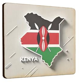 Wooden Fridge Magnet - Kenya Map Design with Traditional Symbol and Flag Elements (mag-kf25-1982)