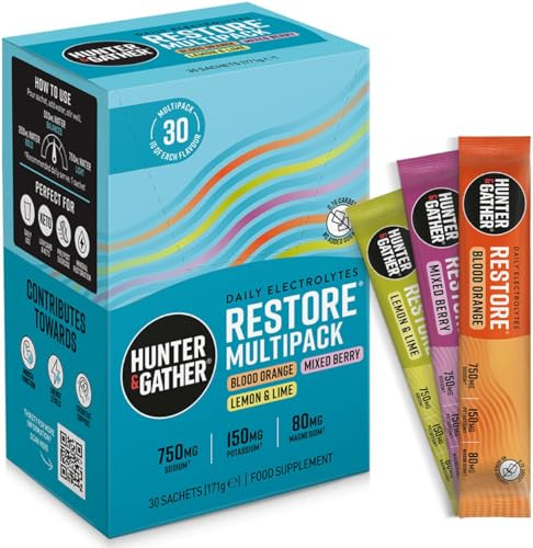 Hunter & Gather Restore Electrolytes Sachets x 30, with Natural Monk Fruit | No Added Sugar or Artificial Sweeteners. 100% Natural Hydration. Optimal Mineral Ratio with Pink Himalayan Salt. Keto