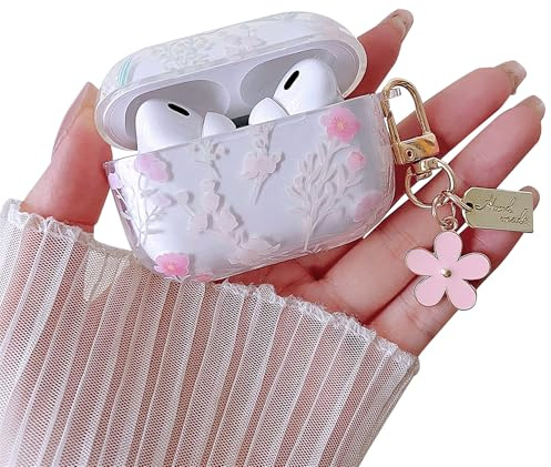 MINSCOSE Kompatibel mit AirPods Pro/Pro2 Clear Case, niedliches Blumenmuster Design mit Floral Schlüsselanhänger, weiche TPU Schutz stoßdichte Abdeckung für AirPods Pro/Pro2 für Mädchen Frauen-Rosa