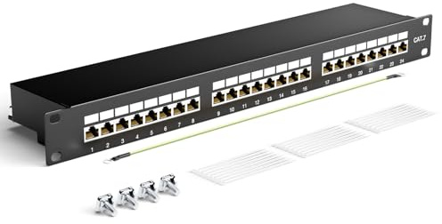 LEENUE Geschirmtes 24 Port CAT7 Patchpanel Verteilerfeld, 10 Gbit/s | Vergoldete patchpanel 19 Zoll für Cat7/6A/6 Verlegekabe, Metallgehäuse mit Erdung für Wandmontage und Heimvernetzung