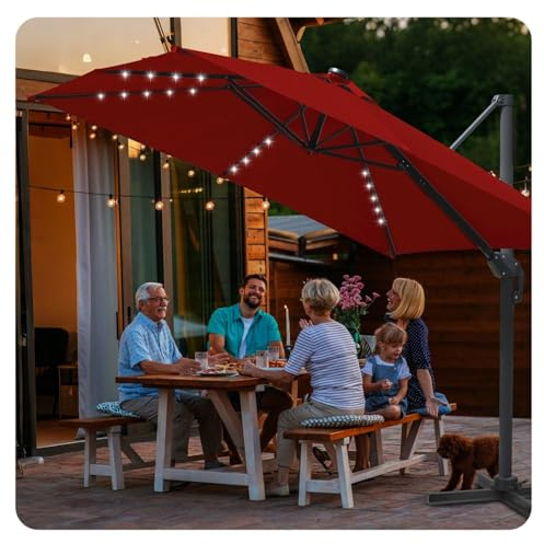 Jaxguom Parasol de jardin déporté, rotatif, 300 cm, 350 cm, avec manivelle, inclinable, protection solaire, pour patio, Parasol solaire rouge, Eckig 300x300 cm