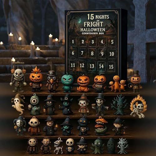 15 Days Nächte des Schreckens Halloween-Countdown-Box 2025 Halloween-Adventskalender mit gruseligen Sammlerpuppen, Horrorfiguren, Anhängern und Mini-Dekorationen | Gruseliges
