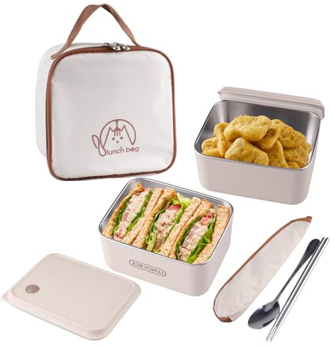 suaywo 2 Items Stainless Steel Containers with Lids Off White Stainless Steel Food Containers 600ml Leakproof Lunch Box Insulated Bags and Cutlery Reusable, Stackable for Cheese, Charcuterie, Picnics