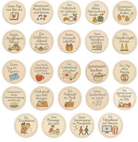 PIujsym 24 Kleinteile für den Adventskalender, Holz-Gutscheine Set für Paare 2025 - Kreative Date Ideen, Erlebnisgeschenke für Weihnachten, Valentinstag, Geburtstag, Jahrestag, Adventskalender Paare