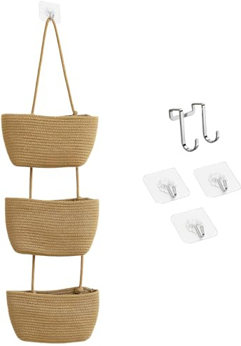 Hanging Storage Baskets, Over the Door Hanging Basket with Hooks, Decorative Storage Hanging Closet Removable, 3-Tier Wall Basket for Living Room, Bedroom, Kitchen