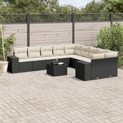 Mandloder 11-TLG. Garten-Sofagarnitur Schwarz, Poly Rattan Outdoor Möbel Set mit Stauraum, Hartglas-Tisch, UV-beständig, modulare Balkonmöbel für Terrasse