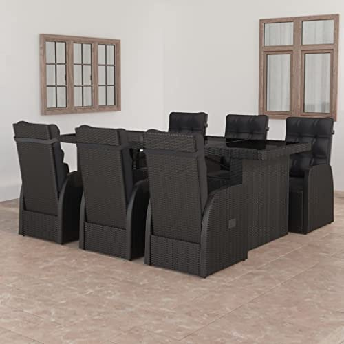 Yunovire 7-TLG. Garten-Essgruppe, Schwarz Poly Rattan, verstellbare Stühle, Glastisch, Kissen, für Terrasse, Garten, Balkon, Außenbereich