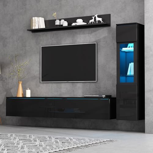 ModernLuxe 3 Pezzi Parete Attrezzata Soggiorno, Mobiletto TV, Mensola a Muro, 1 Vetrina, Moderno Mobile TV, Set di Mobili per Soggiorno, Nero