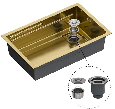 Gasfrit Fregadero de Cocina Oro cepillado, Acero Inoxidable 304, 1 Seno, Sobre Encimera, con Orificio Grifo 35 mm y Dispensador (70 x 44 cm)