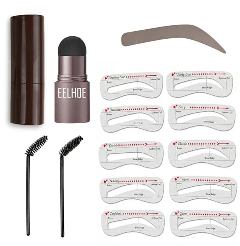 Nivofu Kit de Sello de Cejas con 10 Plantillas Reutilizables, Polvo para Cejas Waterproof de Larga Duración, Maquillaje Profesional para un Tinte Natural y Rápido (Marrón Oscuro)