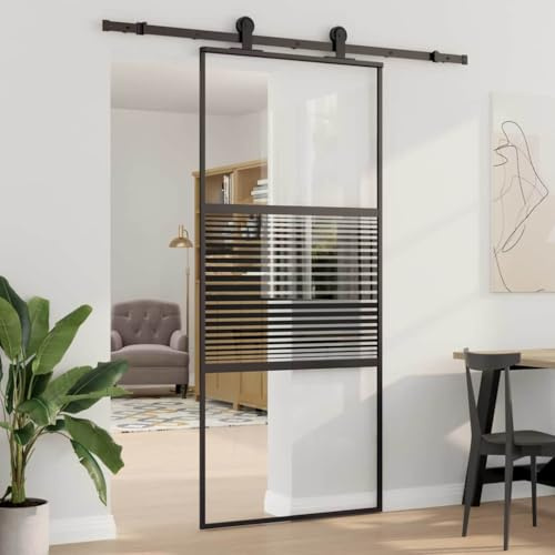 QUAHEAS Porta scorrevole in alluminio, per interni, con telaio e fermaporta, per soggiorno e ufficio, traslucida e salvaspazio, 90 x 2 x 205 cm, colore: nero
