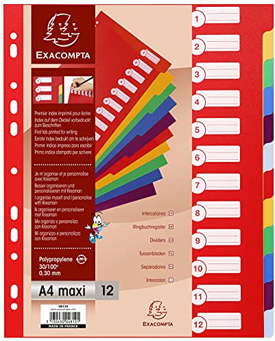 Exacompta 4812E Premium-Register für DIN A4 MAXI aus langlebigem Kunststoff 12-teilig volle Höhe 24 x 29,7 cm blickdicht 2 x 6 Farben mit Organisationsdruck auf der ersten Seite Trennblätter