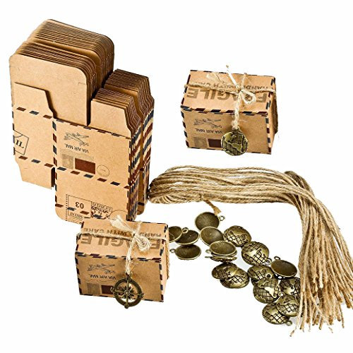 OFKPO 50 Stück Retro Kraftpapier Süßigkeit GeschenkBox mit Juteschnur und Metall Dekoration für Hochzeit/Geburtstagsfeier