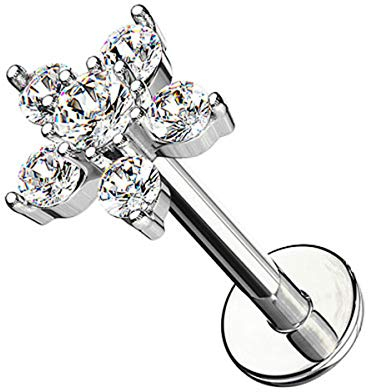 Piercingfaktor Piercing Stab mit Kristall Blume Lippe Ohr Labret Tragus Helix Knorpel Stecker Lippenpiercing Ohrpiercing 8mm Silber Clear