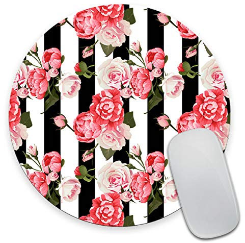Smooffly Peony and Roses Round Mouse Pad Custom, Black and White Stripes Flowered Non-Slip Rubber Circular Mouse Pads Cute Mat Size 7.9 x 7.9 x 0.12 Inch