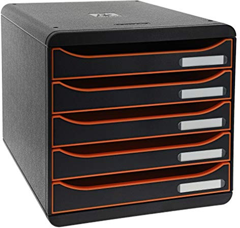 Exacompta - Ref 309988D - BIG-BOX PLUS Desktop Drawer Set - 5 x 43mm Drawers, Suitable for A4+ Documents, 347 x 278 x 271mm, 100% Recycled Plastic - Black/Tangerine/Black