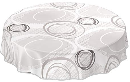ANRO Tischdecke Wachstuch abwaschbar Wachstuchtischdecke Wachstischdecke Kreise Geometrie Weiß Silber Rund 140cm mit Saum - Eingefasst