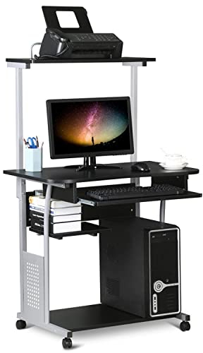 Yaheetech Mesa Escritorio con Ruedas Escritorio con Estanteria 80x50x132cm Mesa de Ordenador con Bandeja de Teclado para Espacio Límite Negro