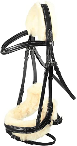 HORZE Pferde Trense Rome, anatomische Trense mit Fell, Zaumzeug für Vollblut und Warmblut, Schwarz, F