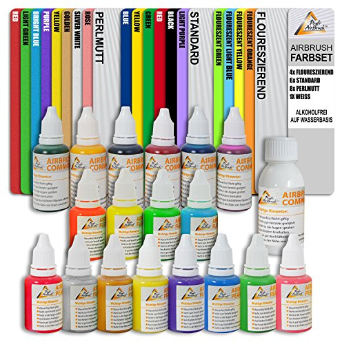 AIRBRUSH FARBEN 19-er SET auf Wasserbasis für Airbrush Kompressor und Airbrushpistole Grundausstattung für jedes AirbrushSet GESCHENKVERPACKUNG universal einsetzbar für Airbrush-Tattoo