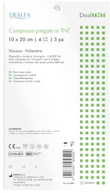 DEALFA Compresse TNT Piegate Sterili - 10x20 cm - 4 Strati - Morbide, Altamente Assorbenti e Resistenti - Monouso - Busta Singola da 5 Pezzi. Confezione da 10 Buste