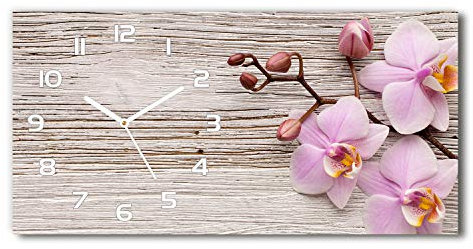 Tulup Wanduhr aus Glas 60x30 cm Glas Uhr Bild Glasuhr Gehärtetes Glas Küchenuhren - weiße Zeiger - Orchidee auf Holz