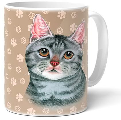 power gift Kaffeetasse mit Spruch und Motiv GRAUE KATZE B (69). Teetasse. Kaffeebecher aus Keramik. Praktisches Geschenk für Frauchen, Herrchen, alle Katzen Liebhaber.