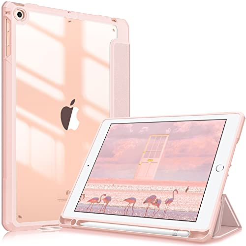 FINTIE Hybrid Case for iPad 6th/5th Gen (2018-2017) and iPad Air 2/Air 1 (2014-2013) - 9.7 Inch Shockproof Hard Shell Clear Cover with Pencil Holder, Rose Gold