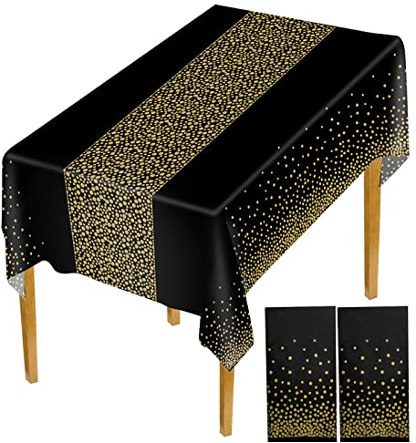 Vesaneae 2 Stück 137x274cm Party Tischdecke Schwarz, Wasserdicht Tischdecke aus Kunststoff, Rechteckig Tischtuch mit Goldpunkten, Tisch Decken Wachstuch für Hochzeiten Weihnachten Geburtstag Picknick