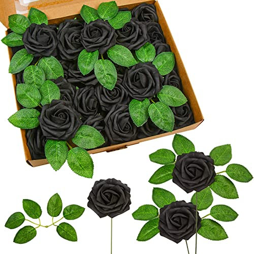 DERAYEE 25 PCS Artificial Roses, Foam Roses Flowers DIY Flower for Wedding Bridal Bouquets Home Party Garden Decorations (Black)