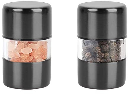T-mark Juego de molinillo de sal y pimienta marina de primera calidad, molinillo de especias con acero inoxidable cepillado, pequeños saleros y pimenteros de cerámica portátiles (paquete de 2) (negro)