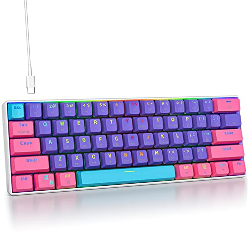 Mosptnspg Protable 60% Percent Gaming Keyboard Mechanical, Mini Compact RGB Backlit 61 Keys Wired Office Keyboard with red Switch for Mac/Win (Purple/red Switch)