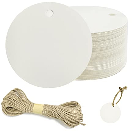 Runde Etiketten aus Kraftpapier, blanko, mit 20 m Hanfband für Geschenkdekoration, Schilder usw. (weiß), 100 Stück