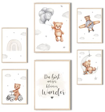 MeinBaby123® Poster Kinderzimmer | 6er Set DIN A4 Poster Set | Wandbilder mit Spruch | Regenbogen | Deko Kinderzimmer Mädchen und Jungen | Babyzimmer Deko (Bär & Flugzeuge)